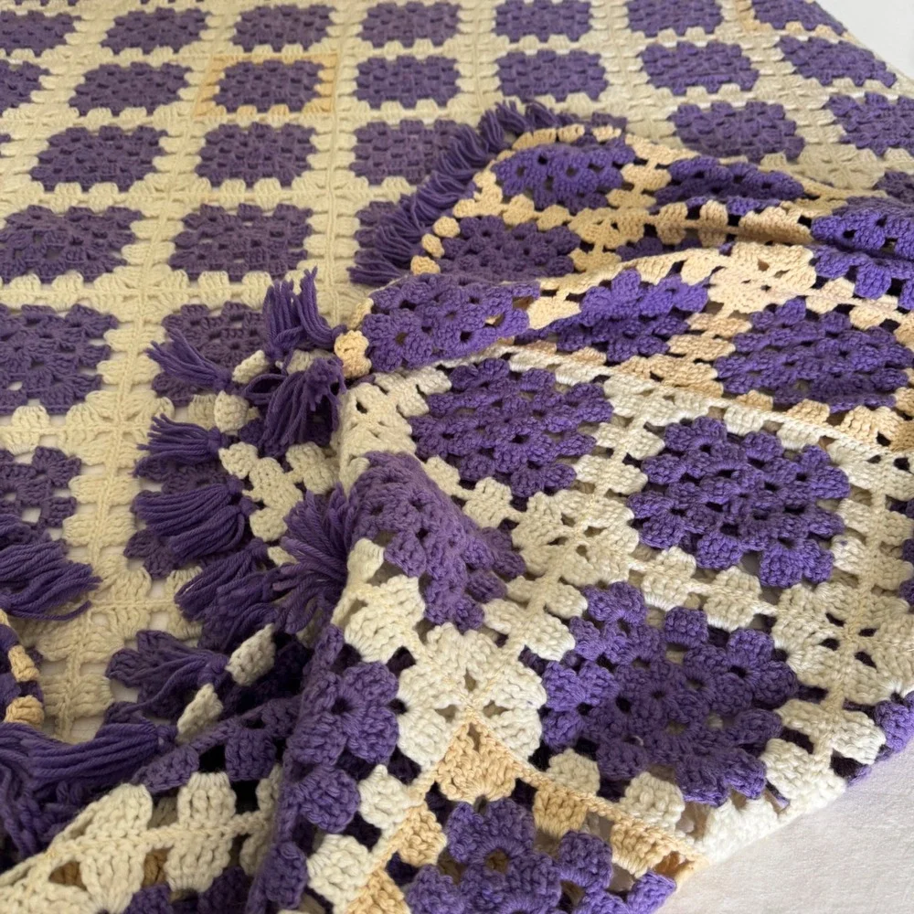 Vintage Handmade Crochet Granny Square Blanket Purple Cream Tassel Fringe King